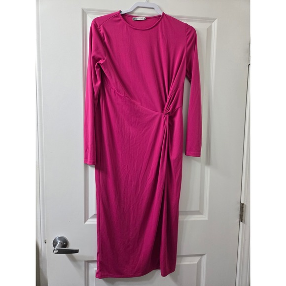 Zara Dresses & Skirts - Zara Womens Magenta Pink Long Sleeve Knot Front Draped Midi‎ Dress Size S
